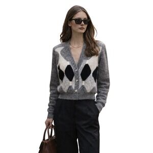 Vintage 90s Segue Argyle Cardigan Angora Silk Shoulder Pad Preppy Soft Luxury M